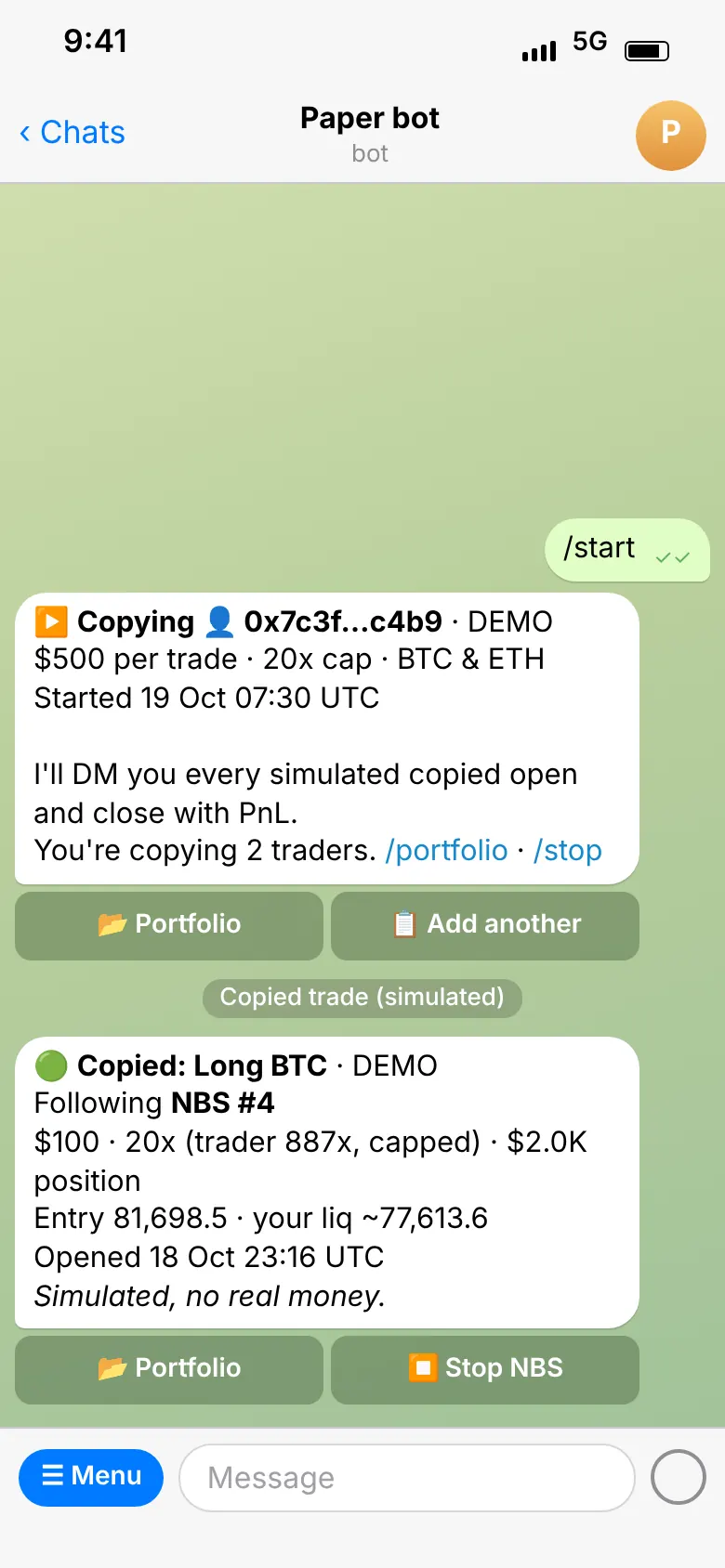 Copied trade message in the demo bot
