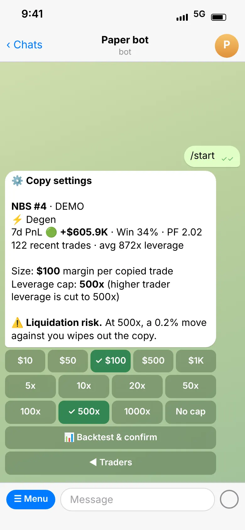 Copy settings with size and leverage caps
