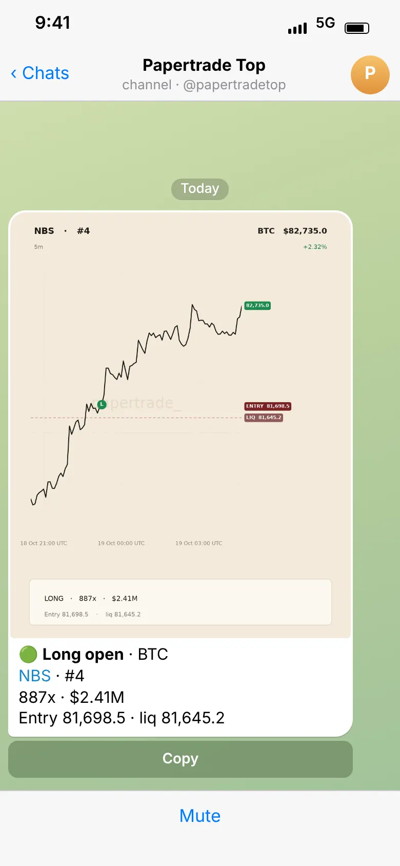 Signal channel post showing a BTC long open with chart